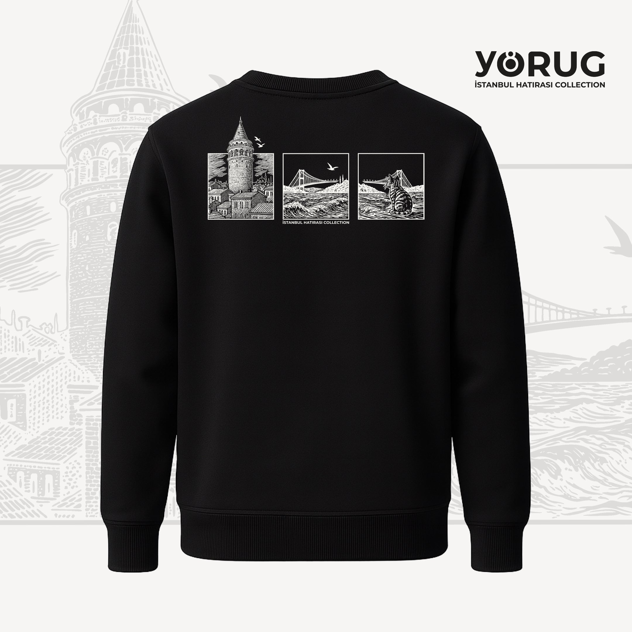 Saks Mavi Bisiklet Yaka Sweatshirt Galata Kulesi & Kedi