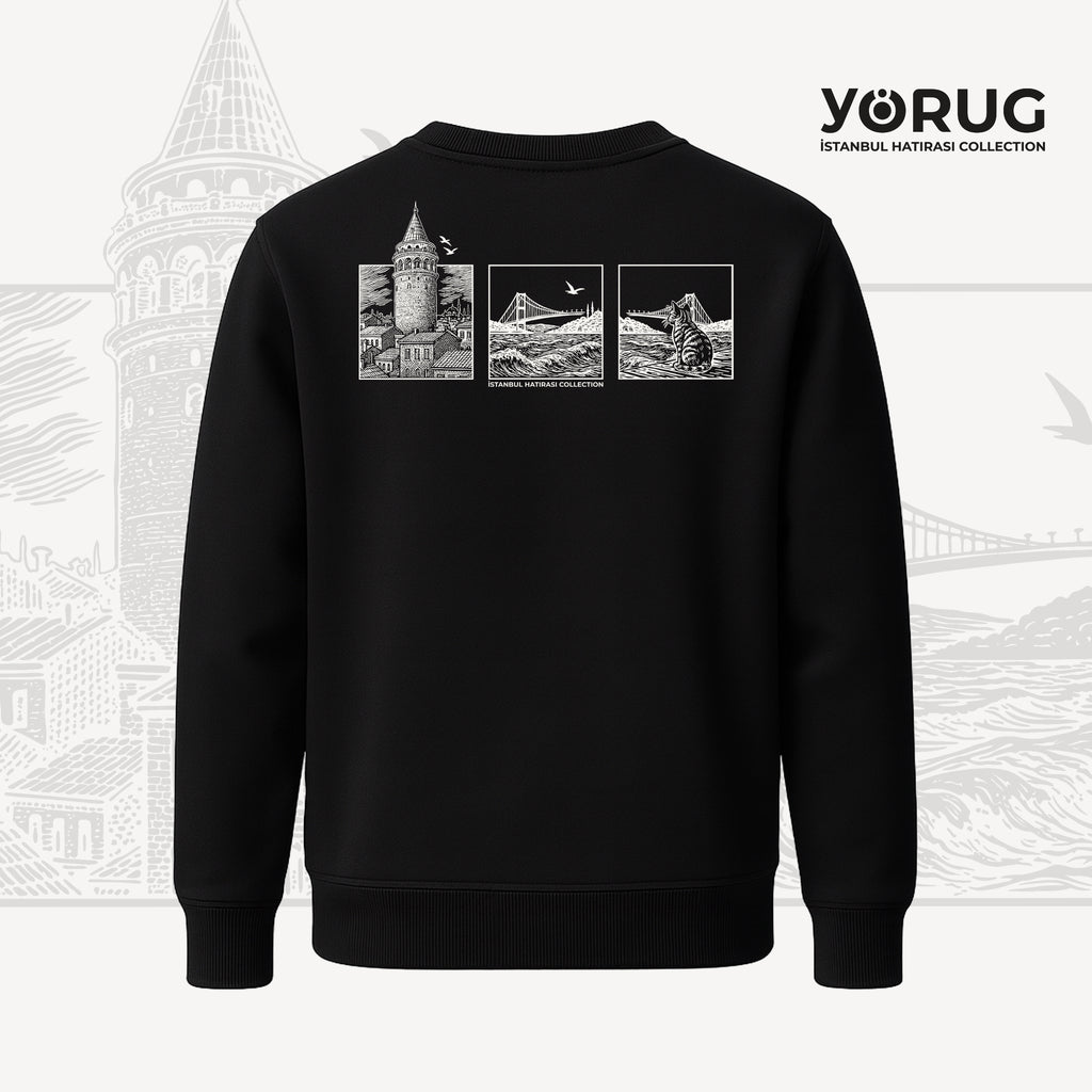 Siyah Bisiklet Yaka Sweatshirt Galata Kulesi