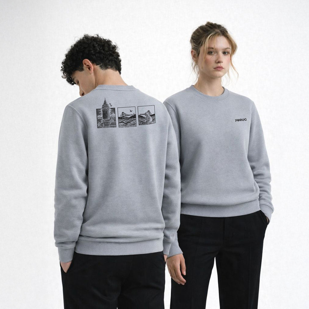 Taş Gri Bisiklet Yaka Sweatshirt Galata Kulesi