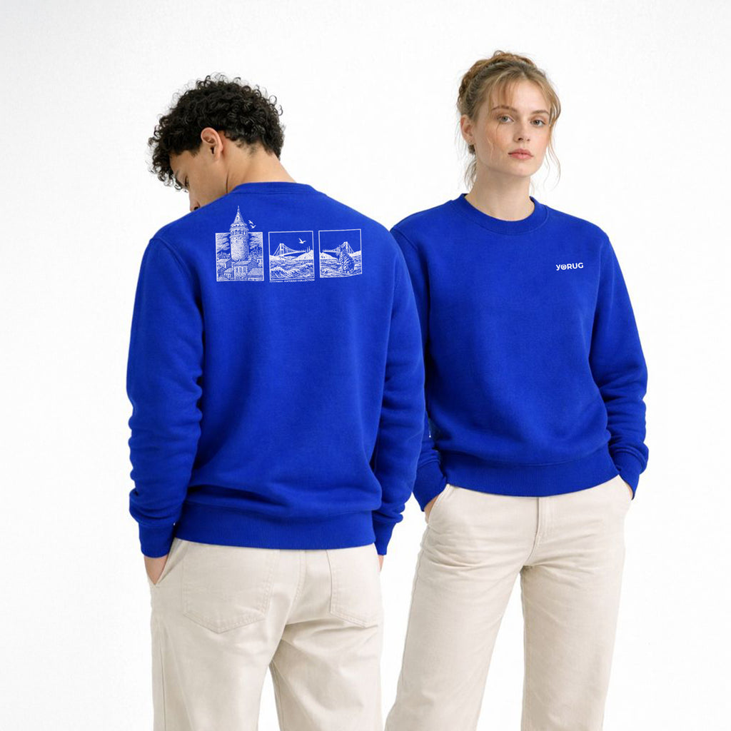 Saks Mavi Bisiklet Yaka Sweatshirt Galata Kulesi & Kedi