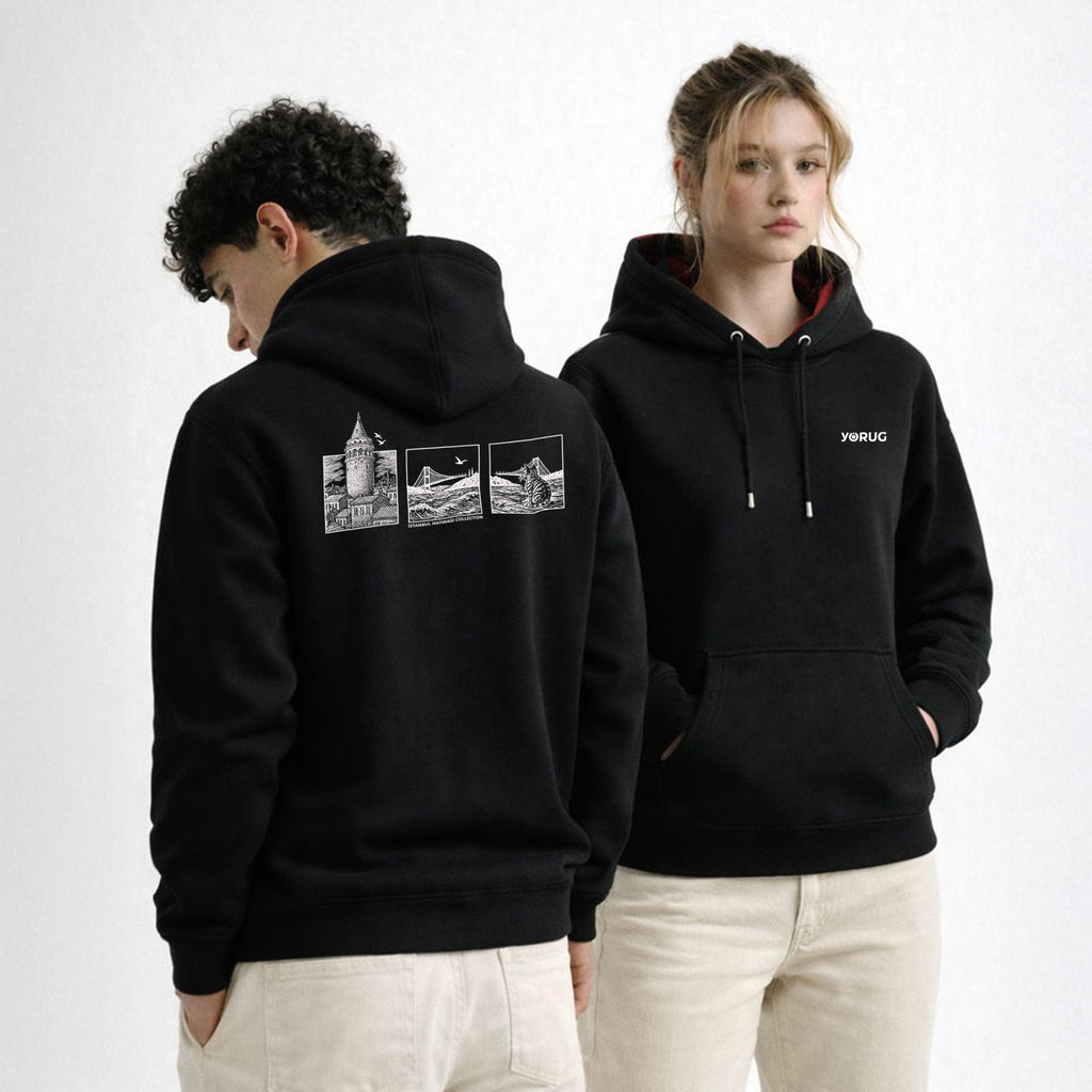 Siyah Unisex Hoodie Galata Kulesi & Kedi
