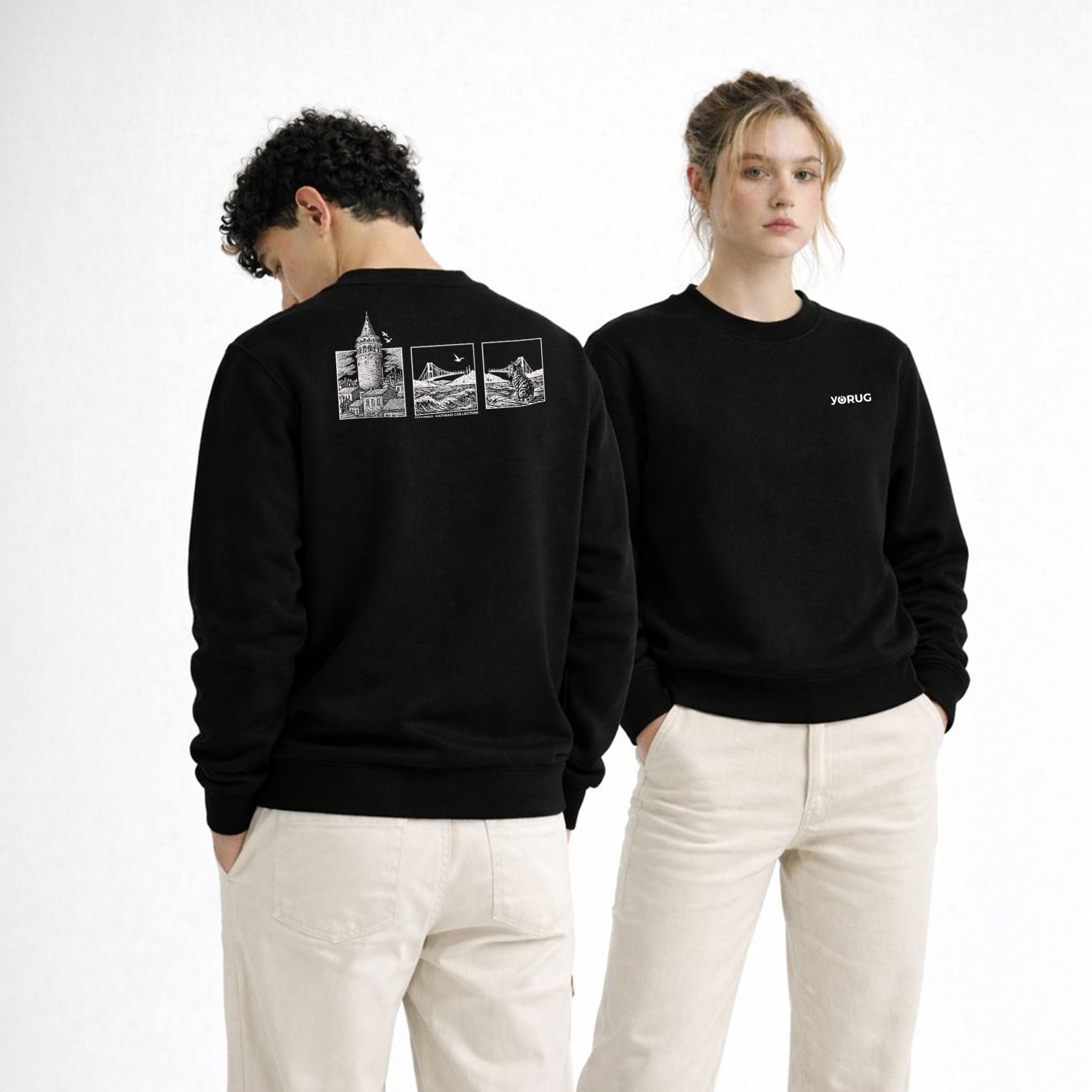 Siyah Bisiklet Yaka Sweatshirt Galata Kulesi