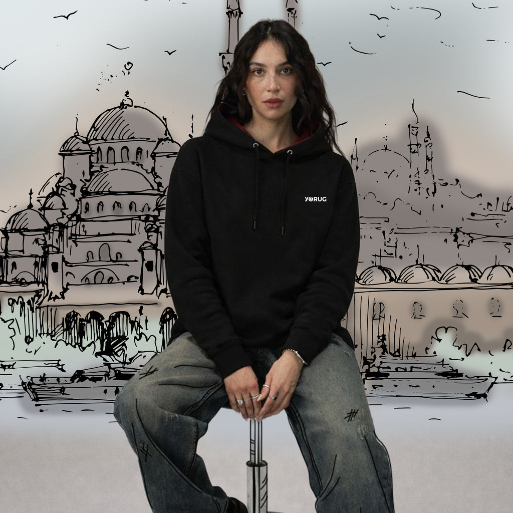 Siyah Unisex Hoodie Galata Kulesi & Kedi