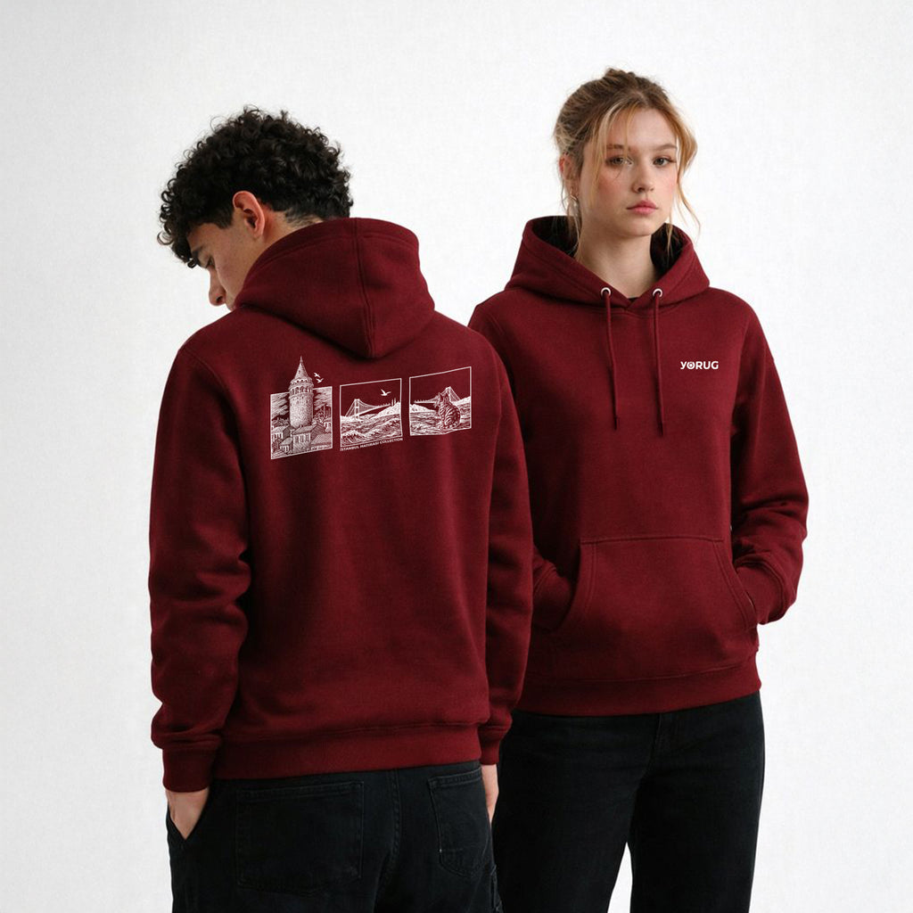 Bordo Unisex Hoodie Galata Kulesi & Kedi