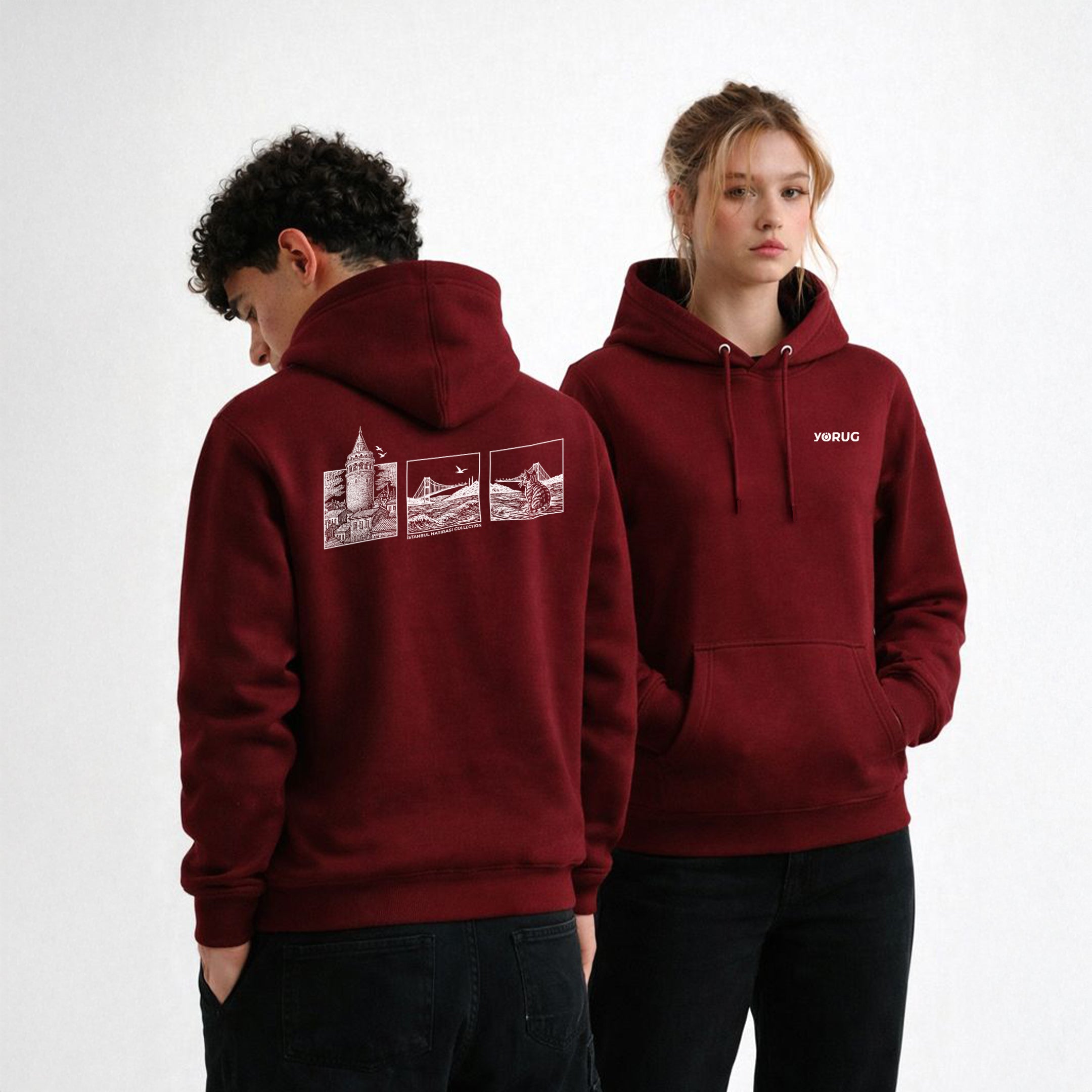 Bordo Unisex Hoodie Galata Kulesi & Kedi