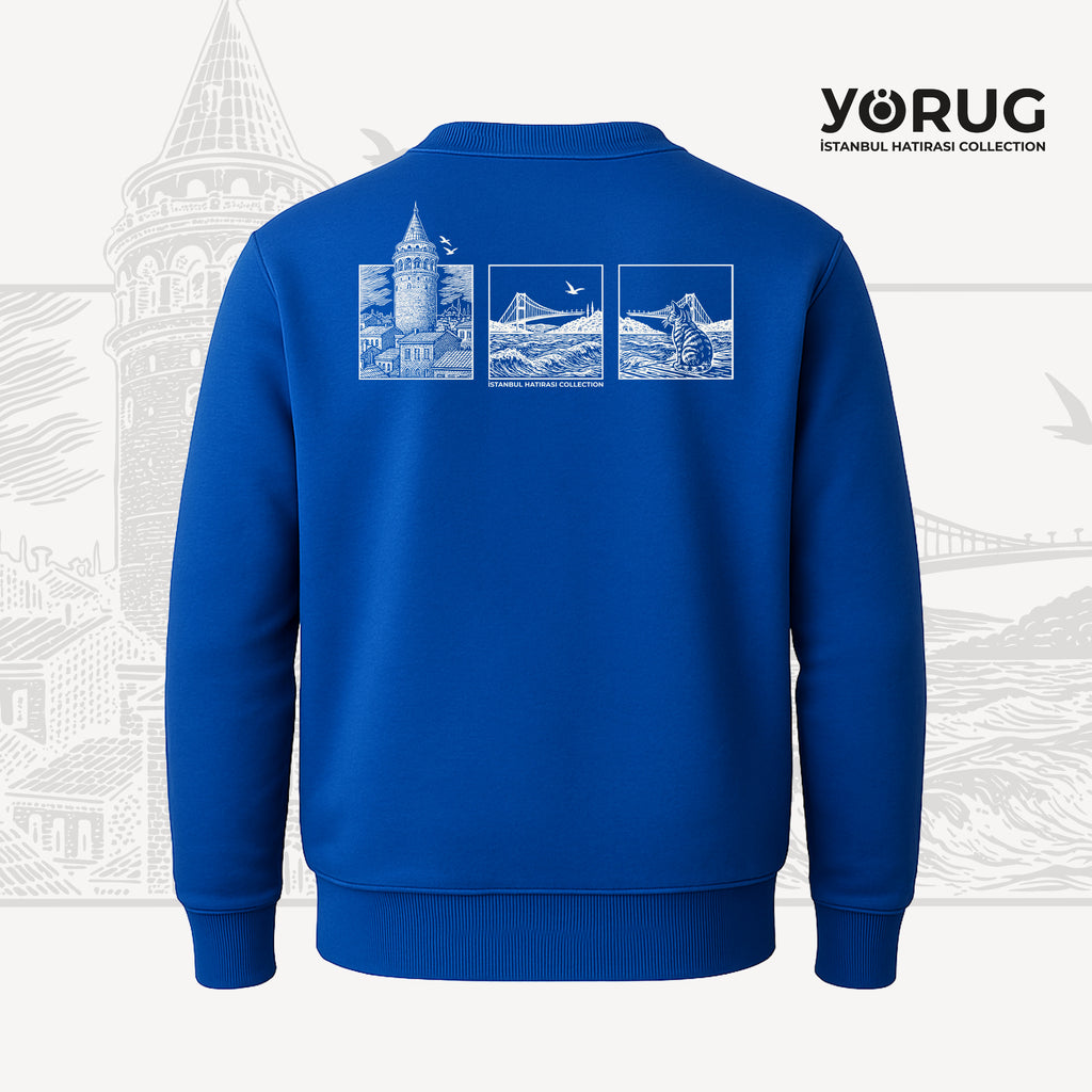 Saks Mavi Bisiklet Yaka Sweatshirt Galata Kulesi & Kedi