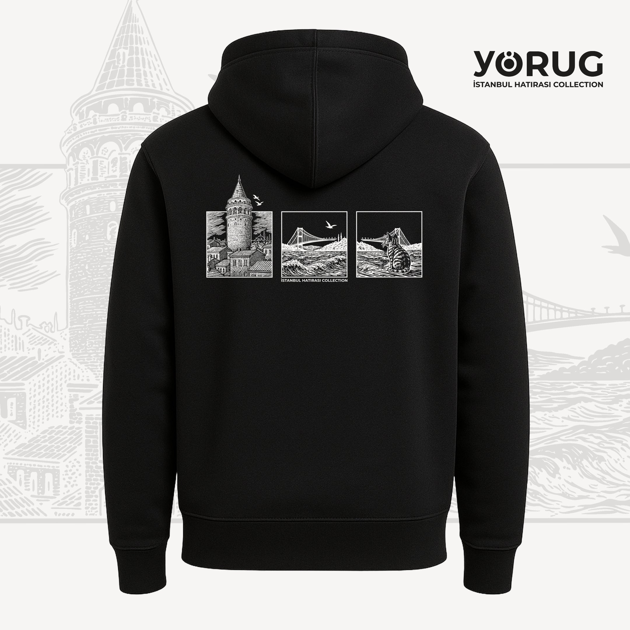 Siyah Unisex Hoodie Galata Kulesi & Kedi