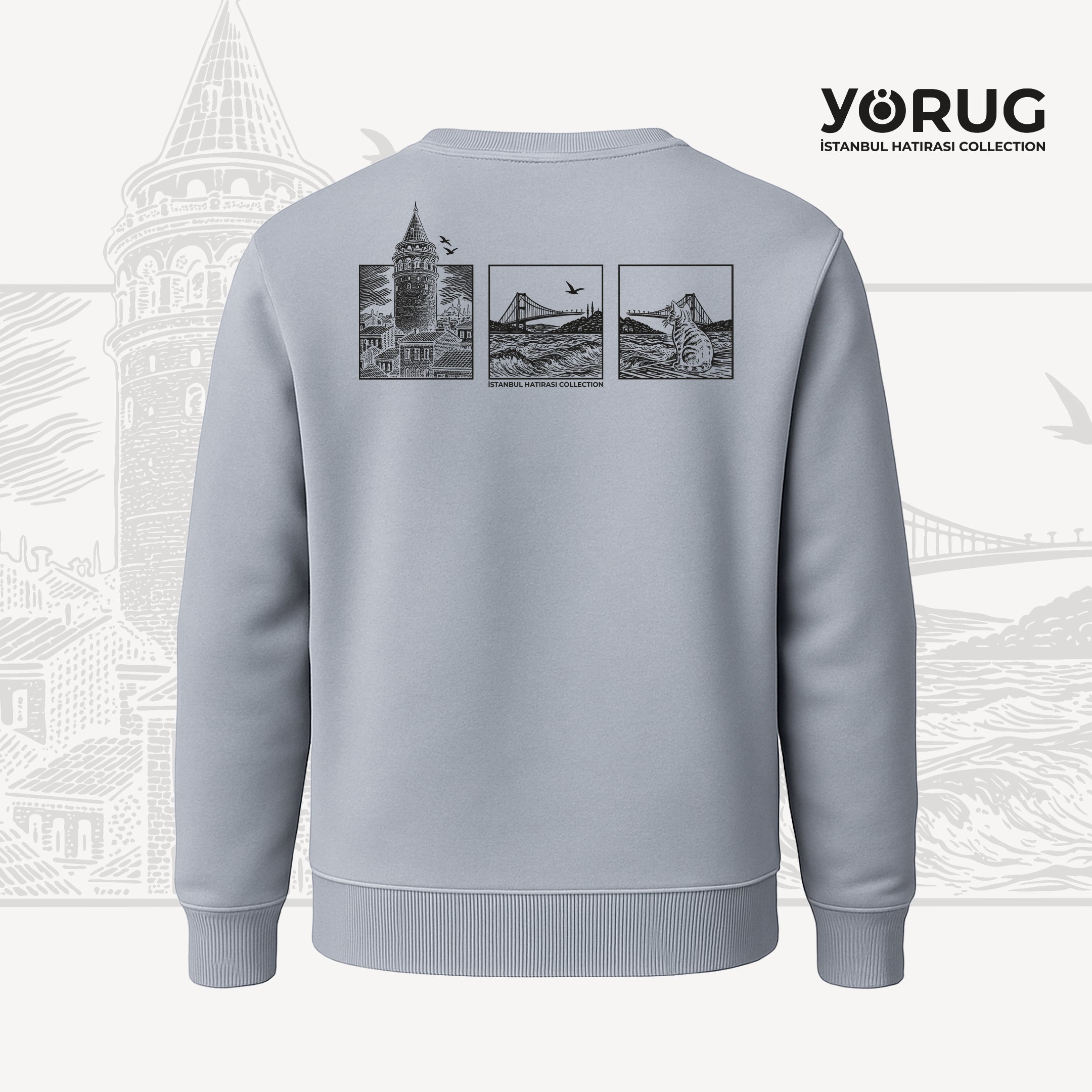 Saks Mavi Bisiklet Yaka Sweatshirt Galata Kulesi & Kedi